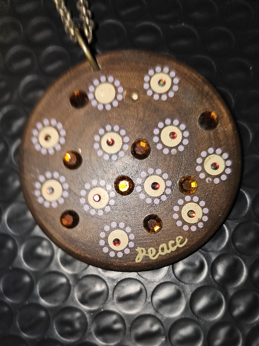 Peace Flower Pattern Wooden Pendant Necklace in Brown